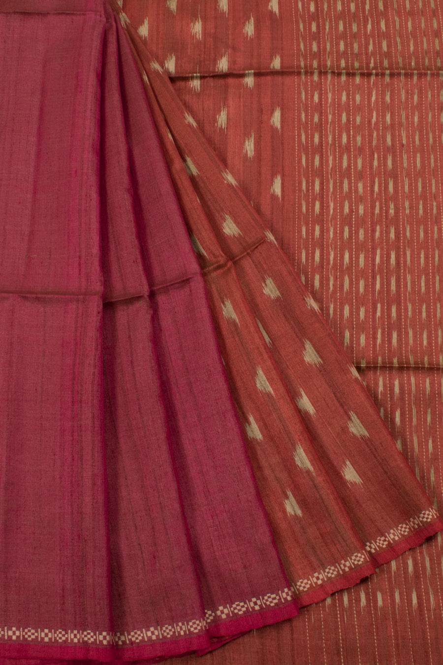 Handloom Half and Half Pahad Ikat Tussar Silk Saree with Stripes Pallu 