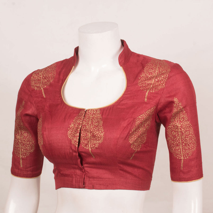Handcrafted Tussar Silk Blouse with Metallic Prints and Pot Neck Design