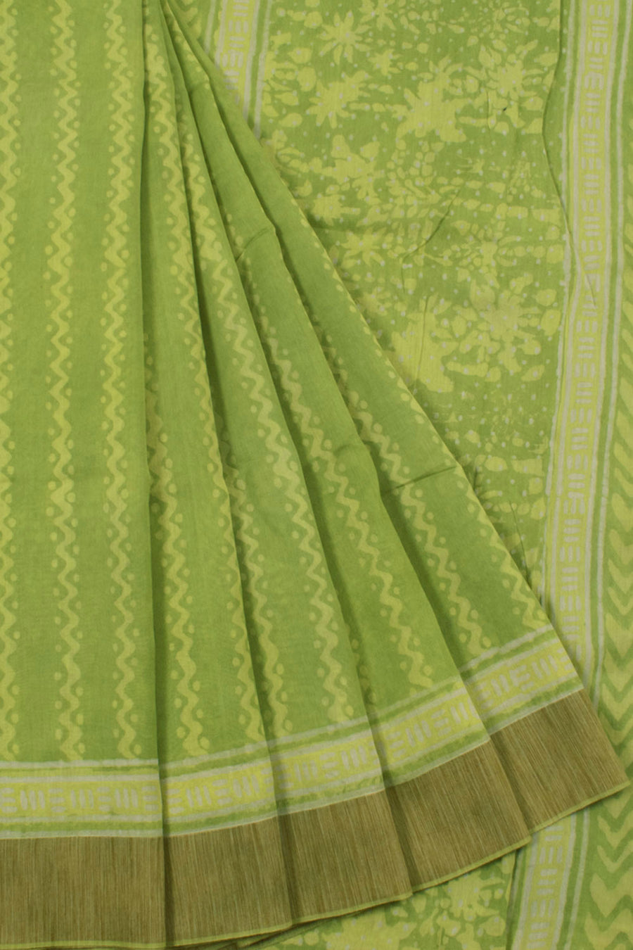 Dabu Printed Natural Dye Chanderi Silk Cotton Saree with Zigzag Design and Geecha Border