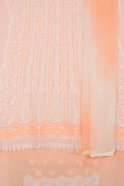 Hand Embroidered Chikankari Cotton 3-Piece Anarkali Suit Material with Daraz, Lace Work and Chiffon Crochet Border Dupatta