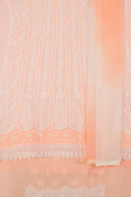 Hand Embroidered Chikankari Cotton 3-Piece Anarkali Suit Material with Daraz, Lace Work and Chiffon Crochet Border Dupatta