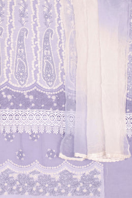 Hand Embroidered Chikankari Cotton 3-Piece Anarkali Suit Material with Daraz, Lace Work and Chiffon Crochet Border Dupatta