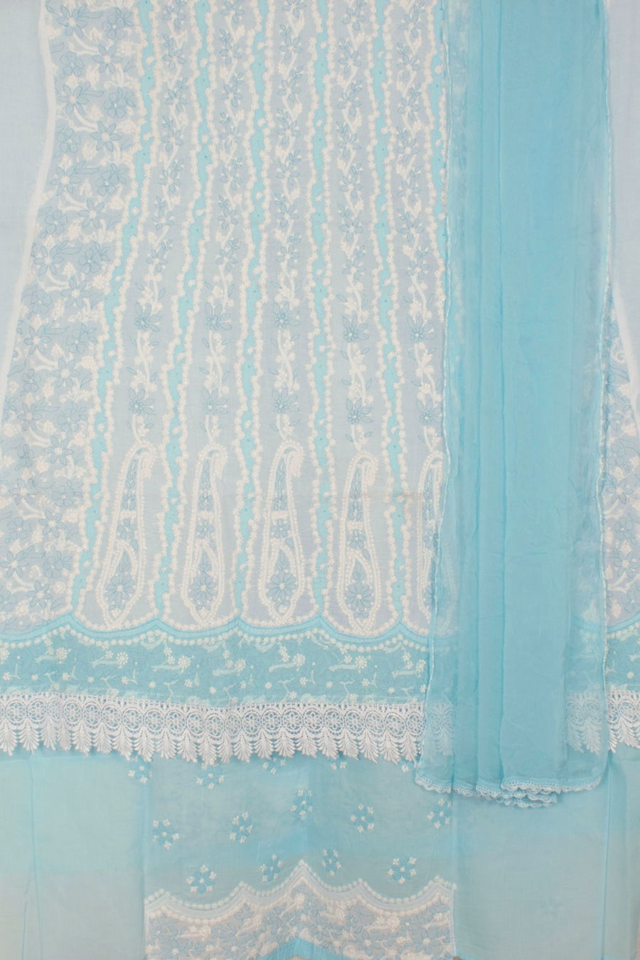 Hand Embroidered Chikankari Cotton 3-Piece Anarkali Suit Material with Daraz, Lace Work and Chiffon Crochet Border Dupatta