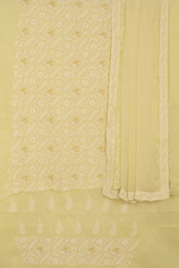Hand Embroidered Chikankari Cotton 3-Piece Salwar Suit Material with Tepchi, Bead-Zari Work and Chiffon Dupatta
