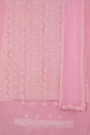 Hand Embroidered Chikankari Cotton 3-Piece Salwar Suit Material with Tepchi, Sequin, Bead Work and Chiffon Dupatta