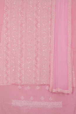 Hand Embroidered Chikankari Cotton 3-Piece Salwar Suit Material with Tepchi, Sequin, Bead Work and Chiffon Dupatta