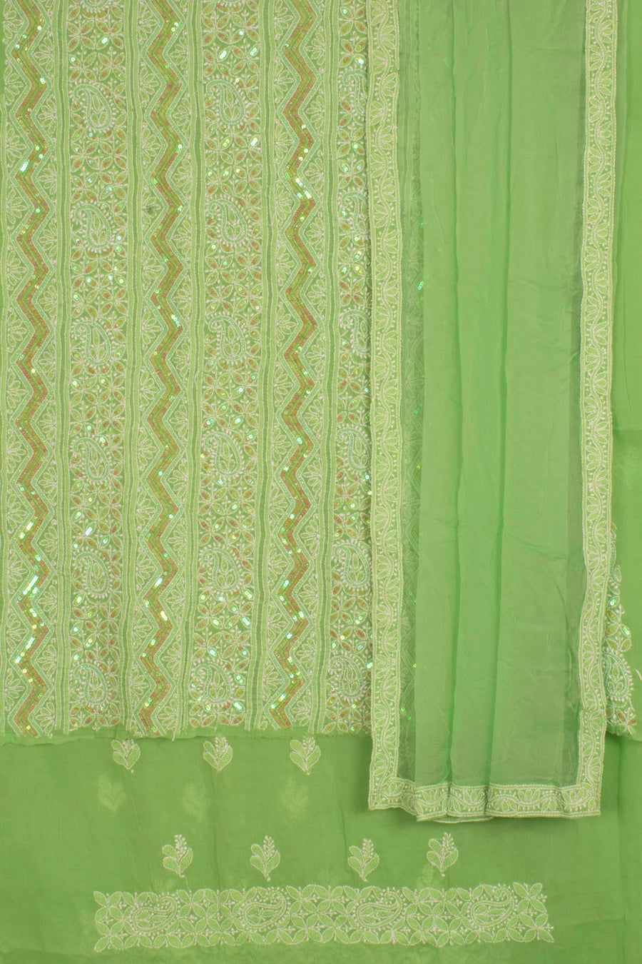 Hand Embroidered Chikankari Cotton 3-Piece Salwar Suit Material With Tepchi, Sequin, Bead Work and Chiffon Dupatta