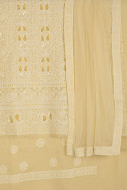 Hand Embroidered Chikankari Cotton 3-Piece Salwar Suit Material with Sequin, Bead Work and Chiffon Dupatta