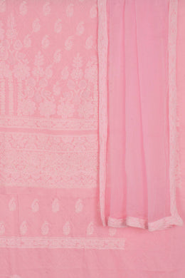 Hand Embroidered Chikankari Cotton 3-Piece Salwar Suit Material with Bead Work and Chiffon Dupatta