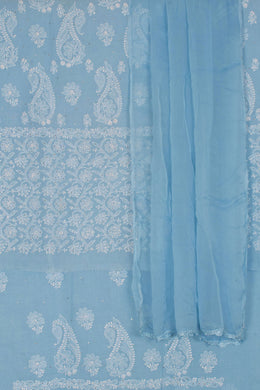 Hand Embroidered Chikankari Cotton 3-Piece Salwar Suit Material with Mukaish Work and Chiffon Crochet Border Dupatta
