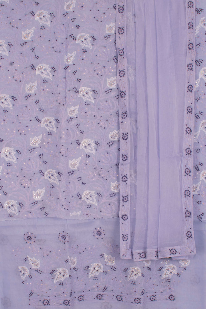Hand Embroidered Chikankari Cotton 3-Piece Salwar Suit Material with Mukaish Work and Chiffon Dupatta