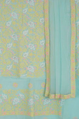 Hand Embroidered Chikankari Cotton 3-Piece Salwar Suit Material with Mukaish Work and Chiffon Dupatta