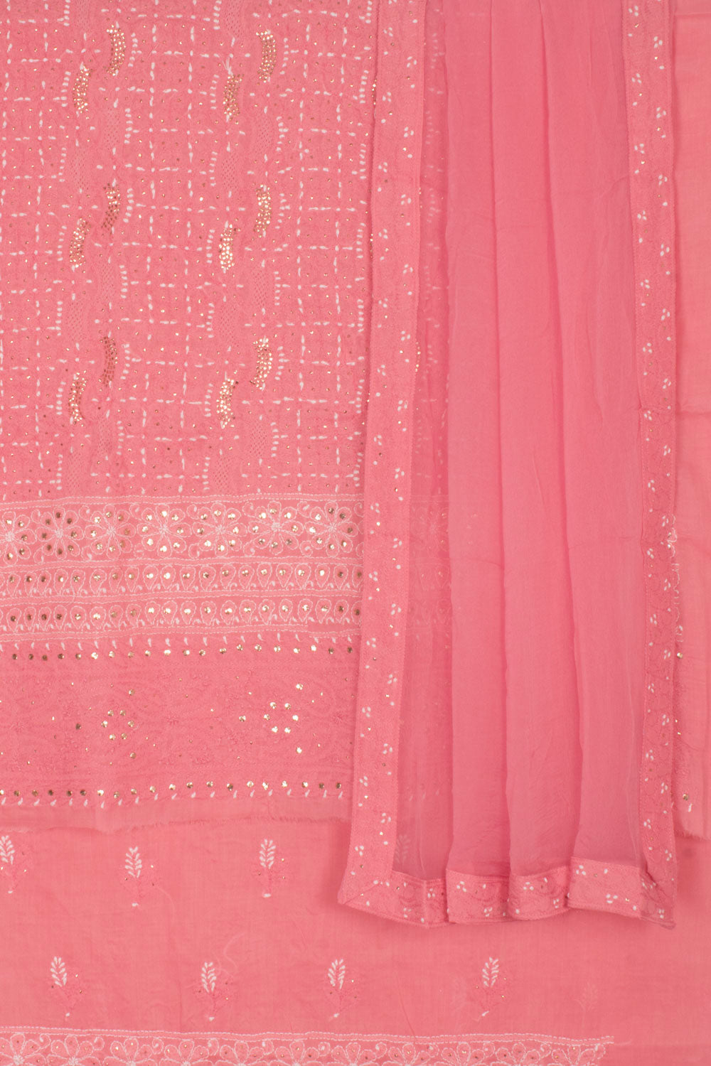 Hand Embroidered Chikankari Cotton 3-Piece Salwar Suit Material with Mukaish Work and Chiffon Dupatta
