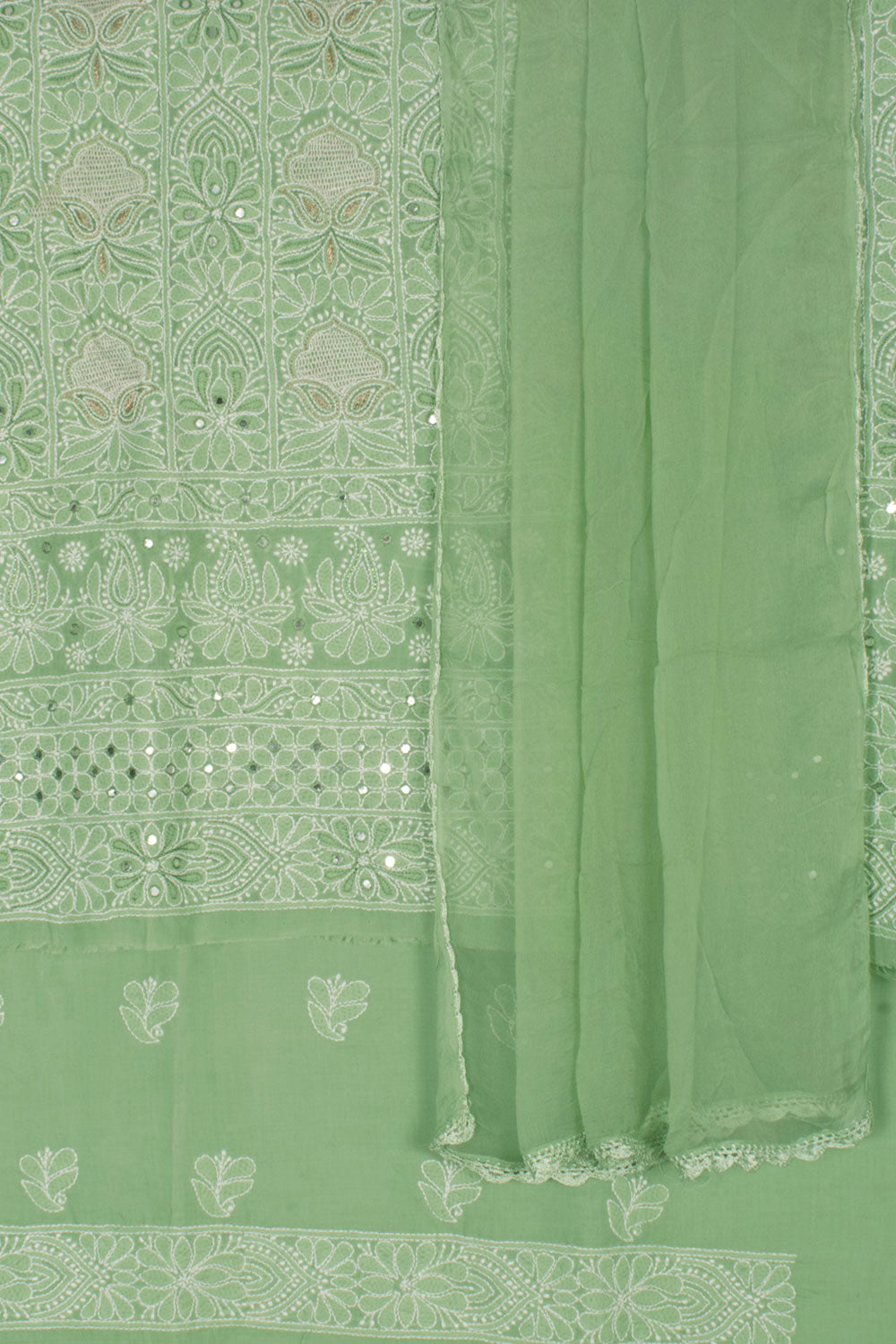 Hand Embroidered Chikankari Cotton 3-Piece Salwar Suit Material with Mirror, Zari Work and Chiffon Crochet Border Dupatta