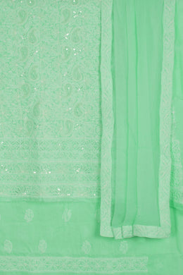 Hand Embroidered Chikankari Cotton 3-Piece Salwar Suit Material with Sequin, Bead Work and Chiffon Dupatta