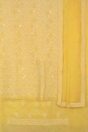 Hand Embroidered Chikankari Cotton 3-Piece Salwar Suit Material with Sequin, Bead Work and Chiffon Dupatta