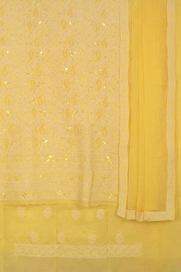 Hand Embroidered Chikankari Cotton 3-Piece Salwar Suit Material with Sequin, Bead Work and Chiffon Dupatta