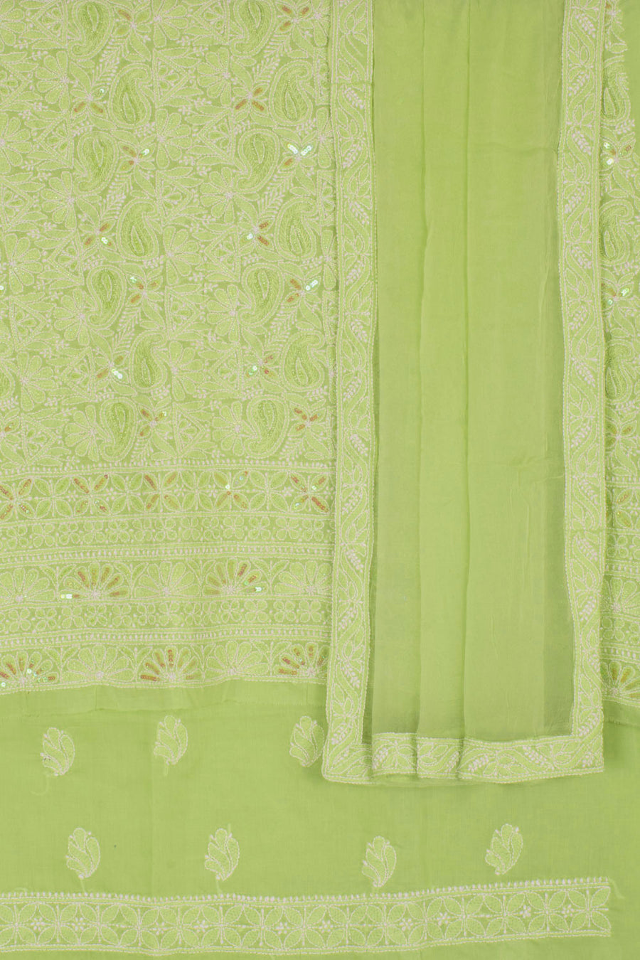 Hand Embroidered Chikankari Cotton 3-Piece Salwar Suit Material with Sequin, Bead Work and Chiffon Dupatta