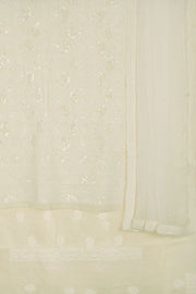 Hand Embroidered Chikankari Cotton 3-Piece Salwar Suit Material with Sequin, Bead Work and Chiffon Dupatta