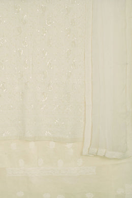 Hand Embroidered Chikankari Cotton 3-Piece Salwar Suit Material with Sequin, Bead Work and Chiffon Dupatta