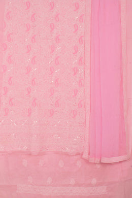 Hand Embroidered Chikankari Cotton 3-Piece Salwar Suit Material with Sequin, Bead Work and Chiffon Dupatta