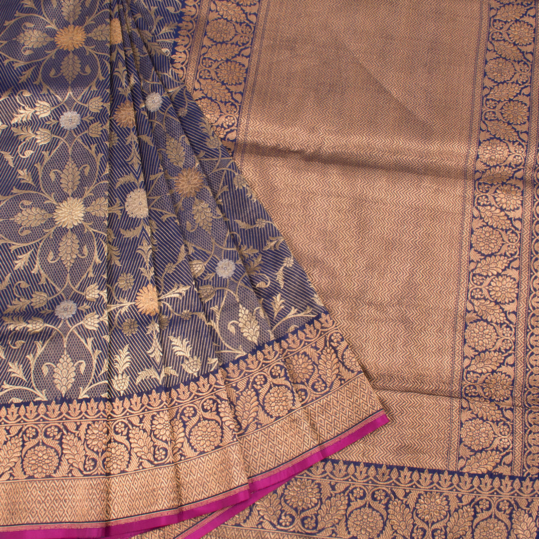 Handloom Banarasi Katan Silk Saree With Gold and Silver Zari Floral and Stripes Design