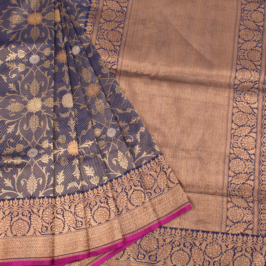 Handloom Banarasi Katan Silk Saree With Gold and Silver Zari Floral and Stripes Design
