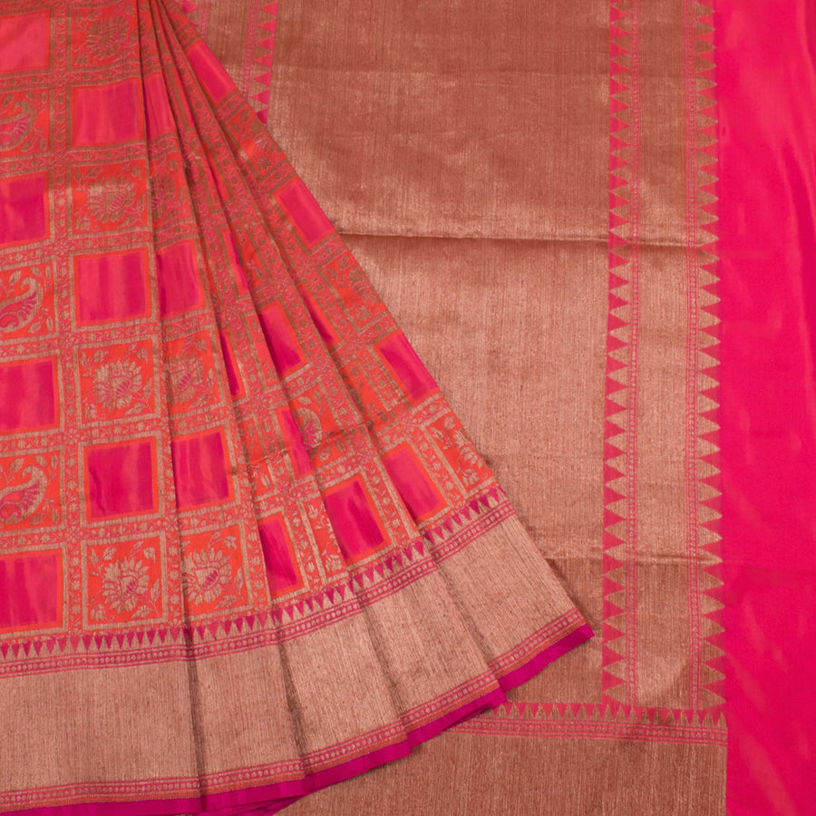 Handloom Banarasi Katrua Katan Silk Saree with Zari Checks Design and Floral Motifs