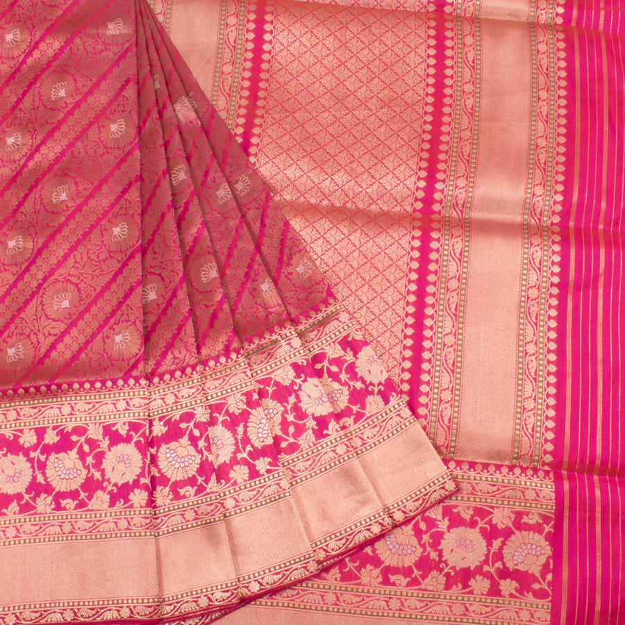 Handloom Banarasi Kadhwa Silk Saree With Sona Chandi Diagonal Floral Design and Jangla Border