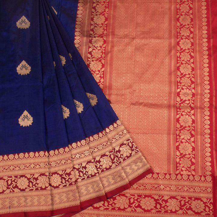 Handloom Banarasi Kadhwa Katan Silk Saree With Floral Motifs and Zig Zag Jangla Border