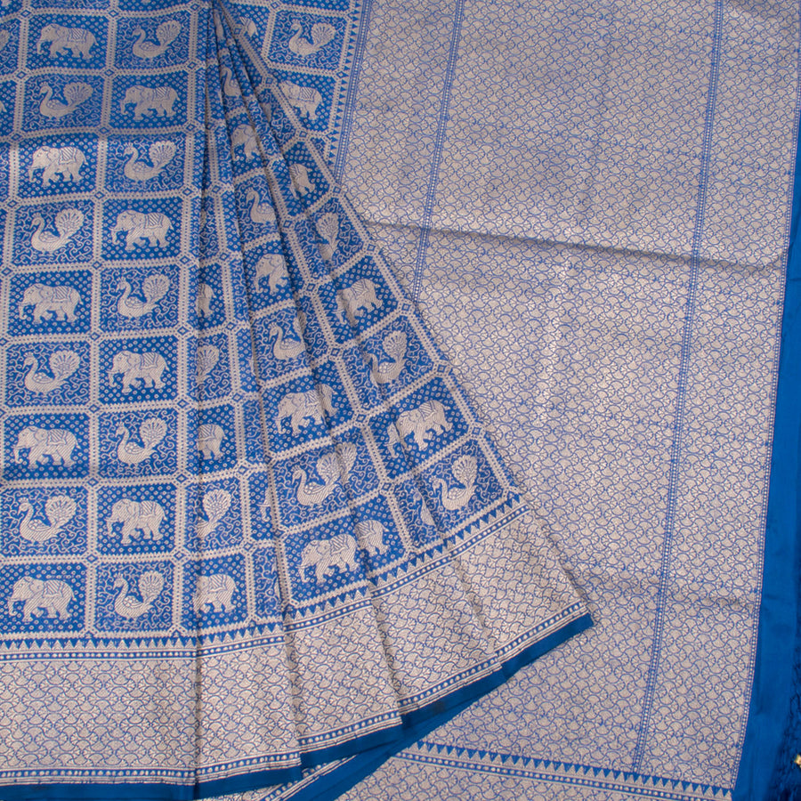 Handloom Banarasi Katrua Katan Silk Saree with Check Design, Elephant, Peacock Motifs
