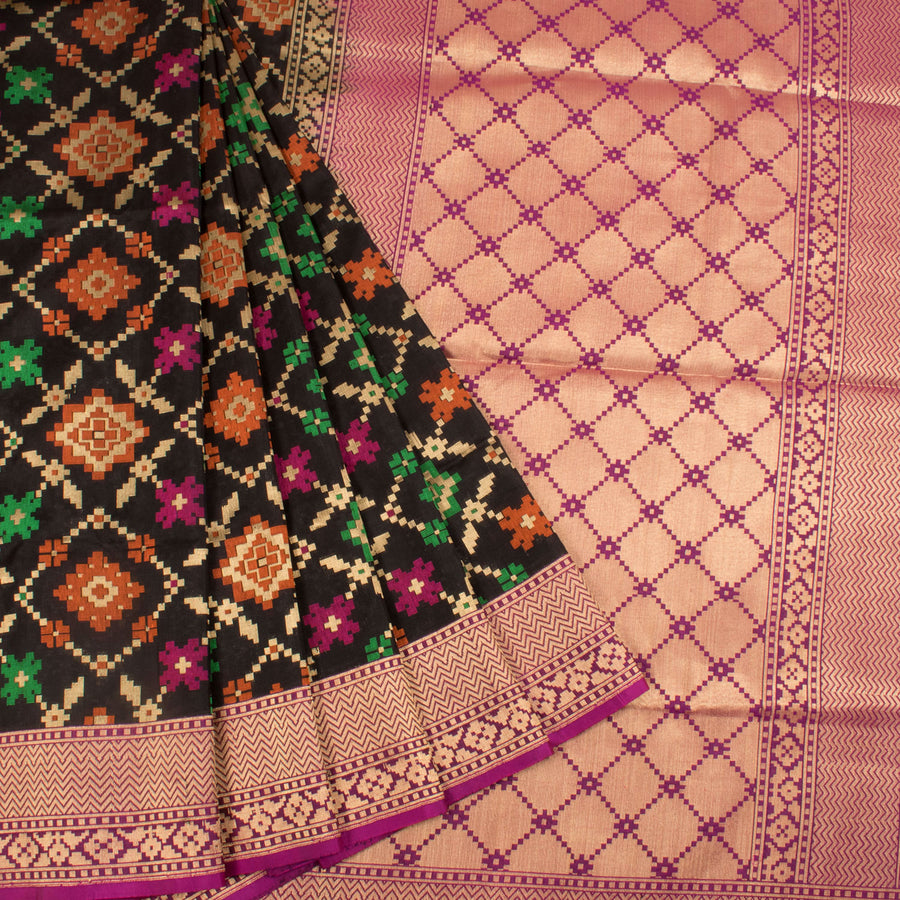 Handloom Patola Banarasi Silk Saree with Floral Motifs and Zig Zag Border
