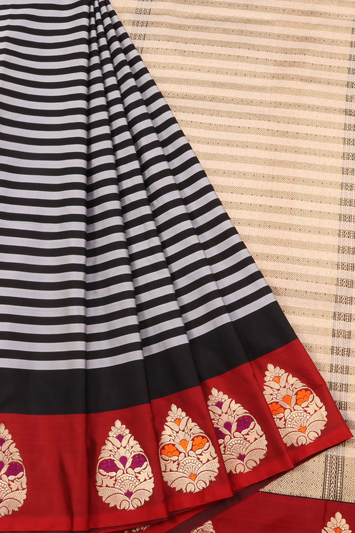 Banarasi Kadhwa Satin Silk Saree with Stripes and Meenakari Floral Butti Border