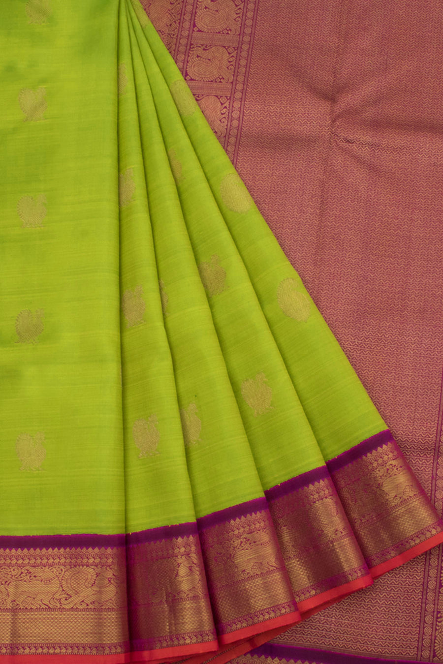 Handloom Pure Zari Bridal Korvai Kanjivaram Silk Saree with Peacock, Paisley Motifs and Yazhi Border