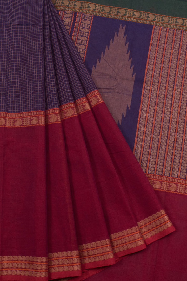 Handloom Muppagam Kanchi Cotton Saree with Checks Design and Ganga Jamuna, Paisley Border 