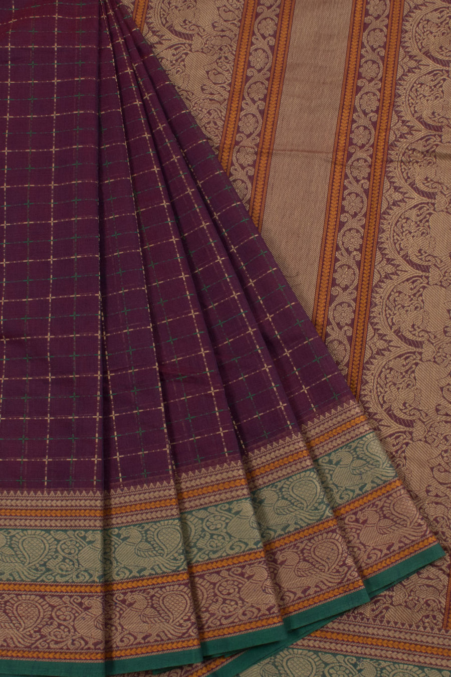Handloom Kanchi Cotton Saree with Checks Design and Peacock Border