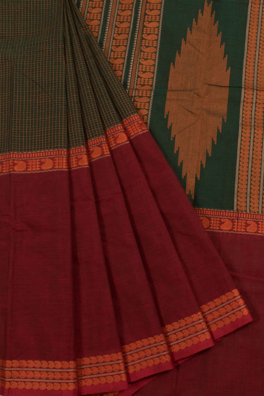 Handloom Muppagam Kanchi Cotton Saree with Checks Design and Paisley Border