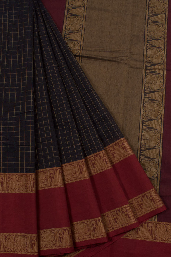 Handloom Kanchi Cotton Saree with Checks Design and Thandavalam Border