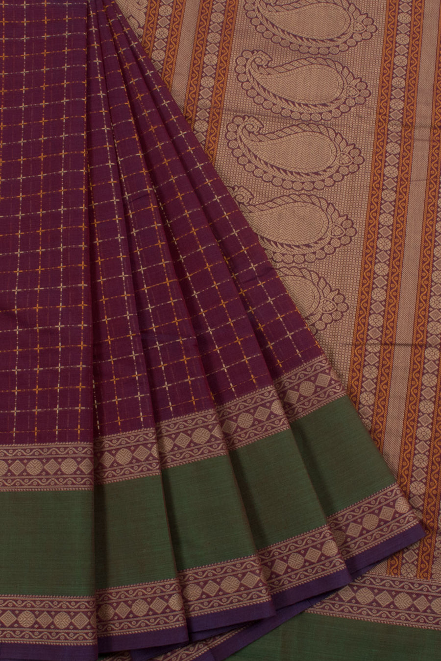 Handloom Kanchi Cotton Saree with Checks Design and Thandavalam Border