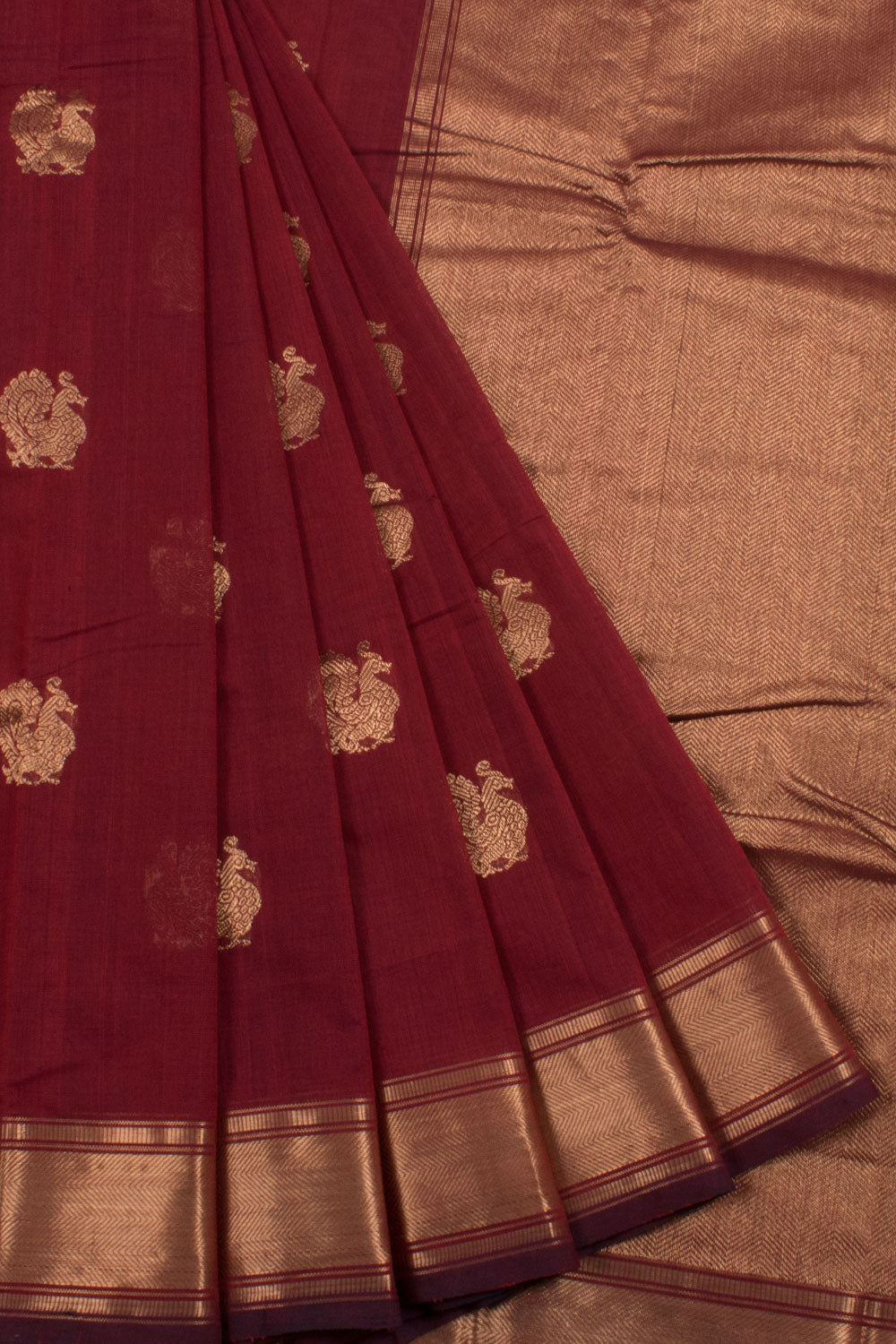 Handloom Kanchi Cotton Saree with Peacock Zari Motifs and Bavanji Border