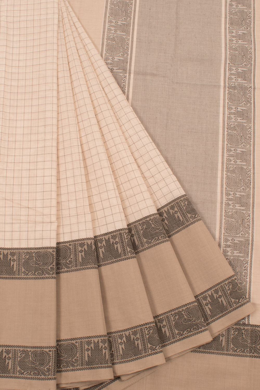 Handwoven Kanchi Cotton Saree with Check Design and Peacock Border