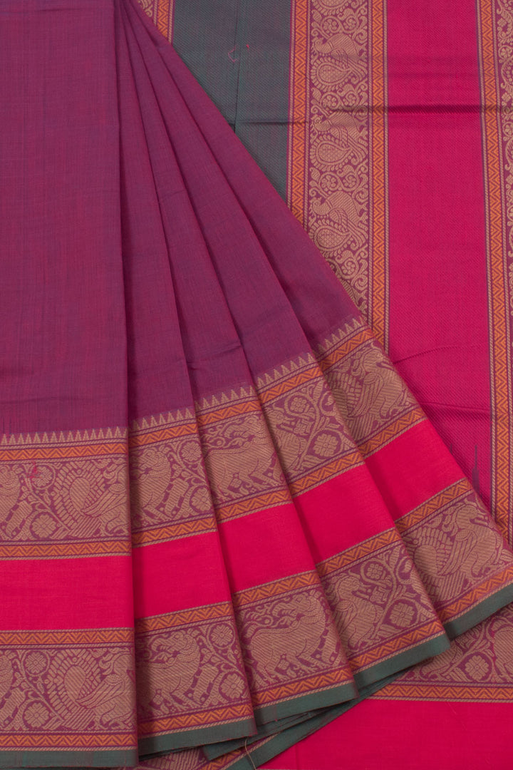 Handwoven Kanchi Cotton Saree with Thread Work and Peacock Border