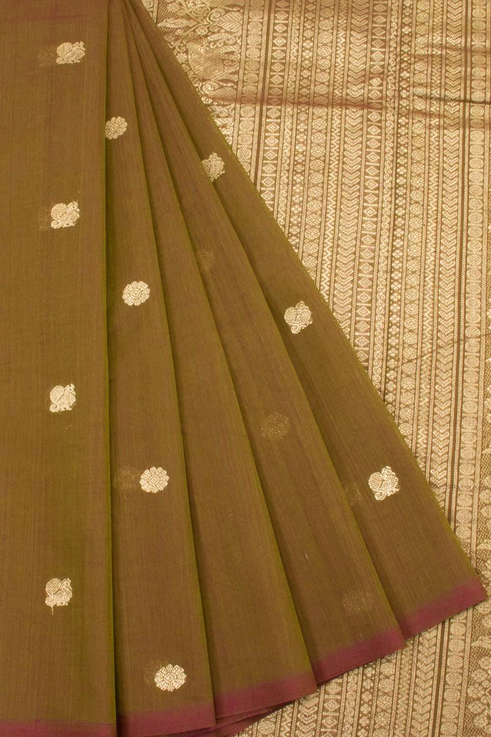 Handwoven Kanchi Cotton Saree With Peacock and Floral Motifs