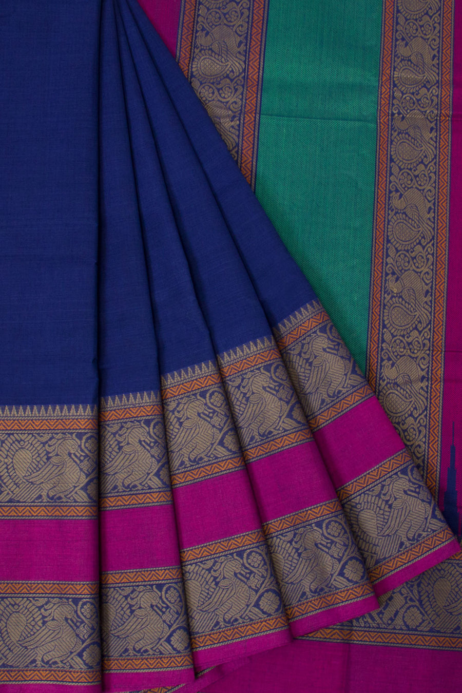 Handwoven Kanchi Cotton Saree with Peacock Pallu and Peacock Yazhi Border