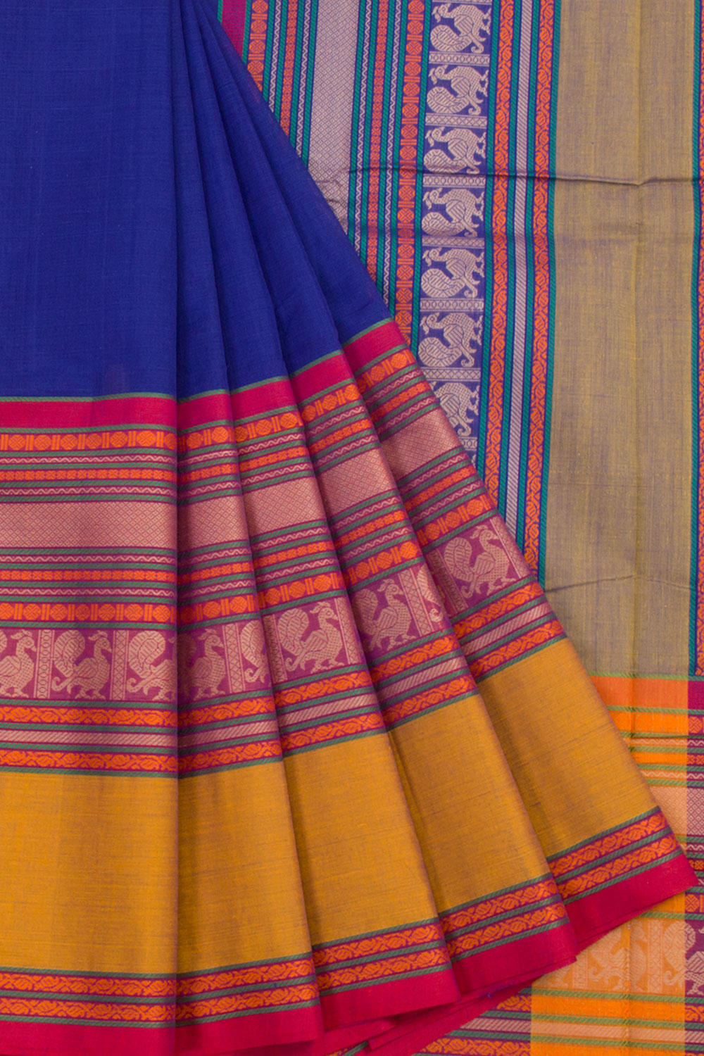 Handwoven Kanchi Cotton Saree with Peacock Motif Border and Pallu