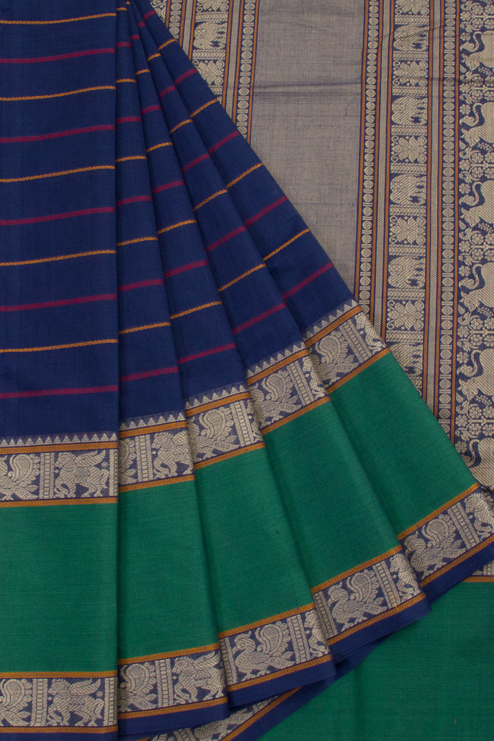 Navy Blue Handwoven Kanchi Cotton Saree with Veldhari Design and Ganga Jamuna Border