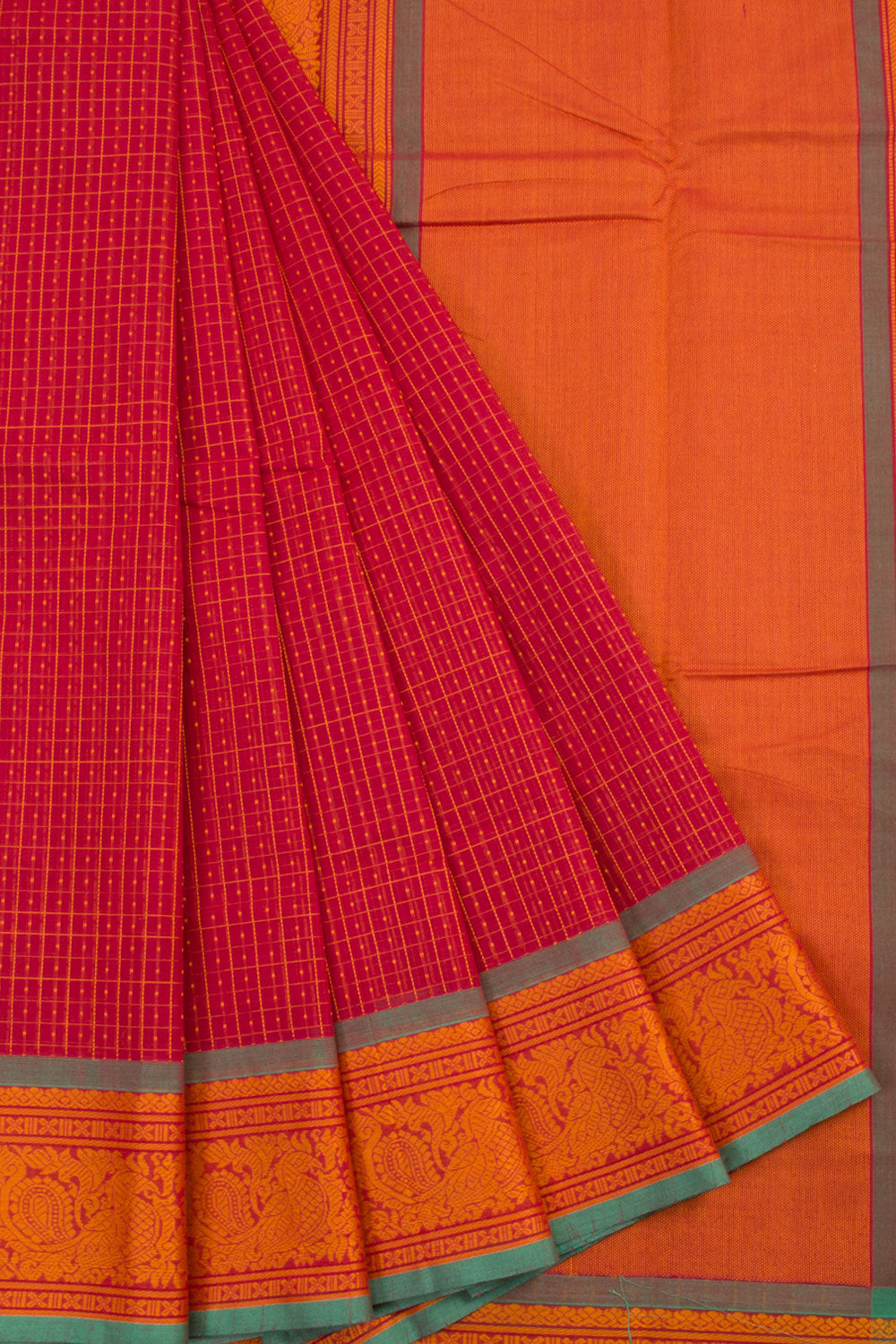 Handwoven Kanchi Cotton Saree With Checks Design