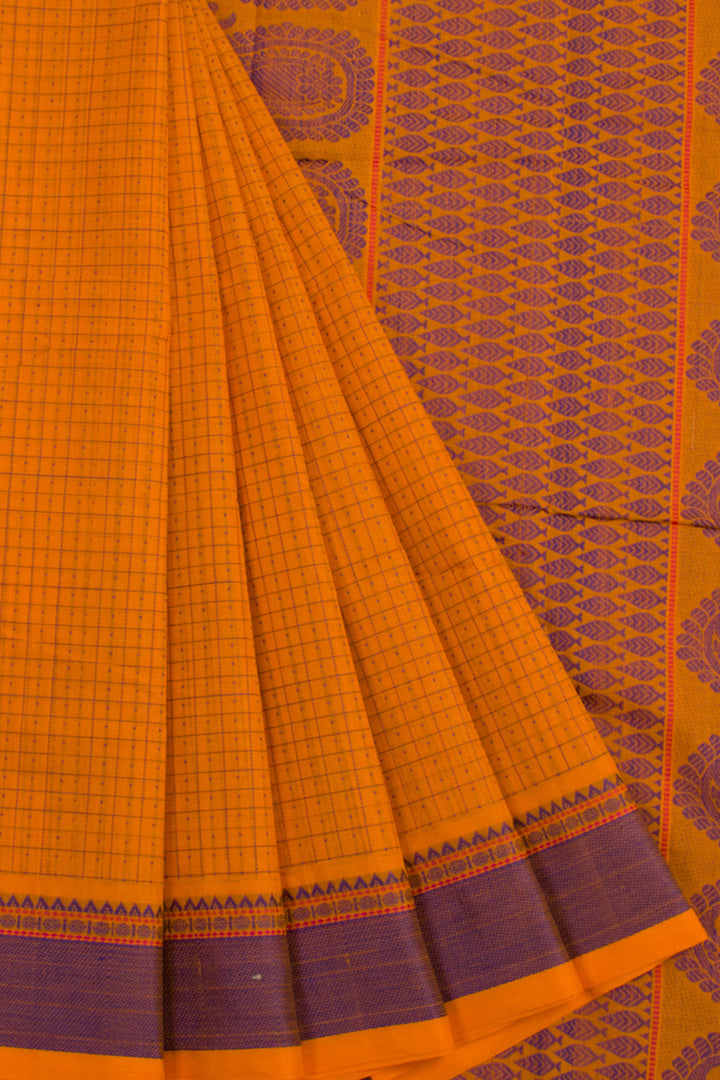 Handwoven Kanchi Cotton Saree with Checks Design, Rudraksham Border and Paisley Motif