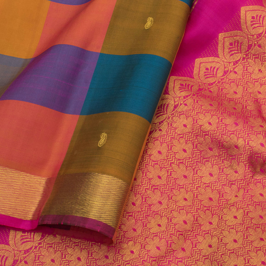 Handloom Kanjivaram Pure Silk Saree with Multicolour Checks Design and Paisley Motifs 