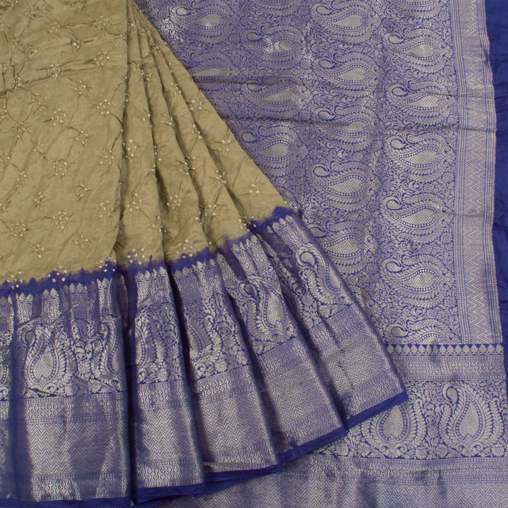 Handloom Bandhani Pure Silk Kanjivaram Saree with Silver Zari Paisley Border